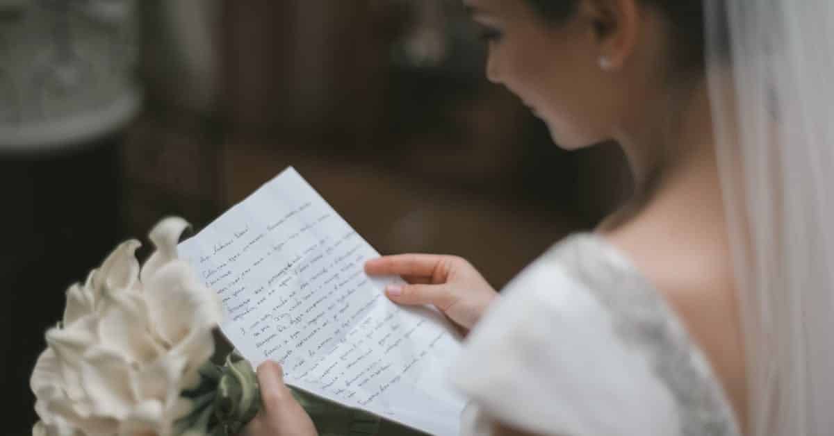 woman looking at vows at wedding public marriage record texas